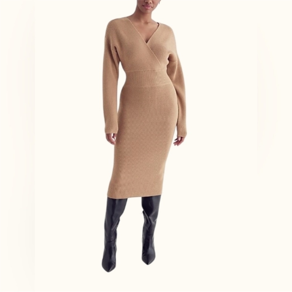 Express V-Neck Ribbed Sweater in Beige